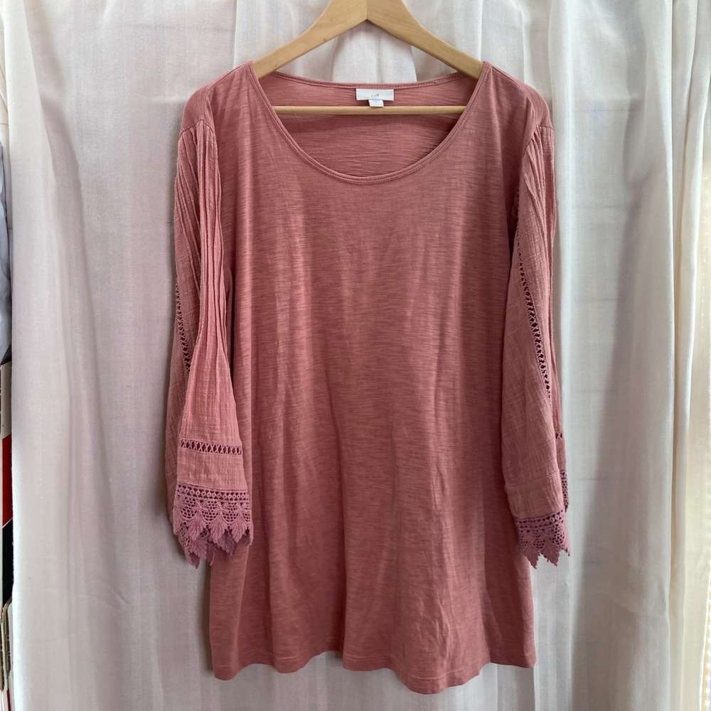 J Jill Pink Lace Sleeve Tunic Top Shirt Womens L‎ Mauve Bohemian Boho Texture